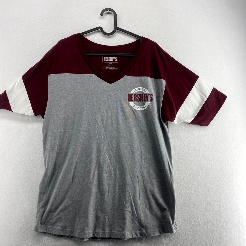 Hershey's Short Sleeved V-neck Striped Sleeve Tee Original Hershey Womens Size L